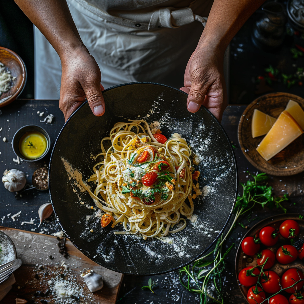 someone holding a plate with pasta