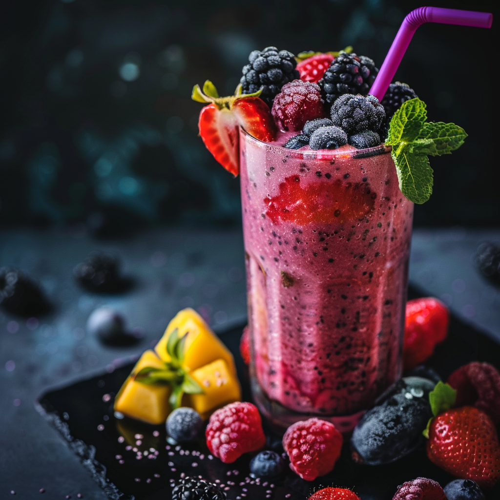 a strawberry smoothie on a dark background